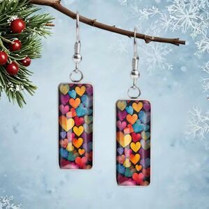 Heart Print Glass Dangle Pendant Earrings Drop Charm Hndmade Ltwght Charm Vbrant